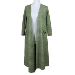 Sweater Duster Midi Length Open Front Pockets Wavy Pattern Green Women's Size XS